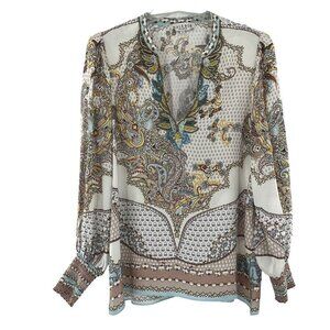 Hale Bob Tunic Small Beaded Embellished V Neck Blouse Top Long Bell Sleeve